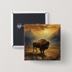 Badge Carré 5 Cm Silhouette de Bison de Buffalo au Coucher du Solei