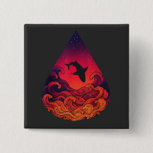 Badge Carré 5 Cm Silhouette de requin au coucher du soleil Océan La