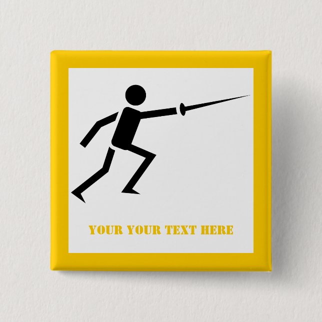 Badge Carré 5 Cm Silhouette noire Fencer avec estrade jaune (Devant)