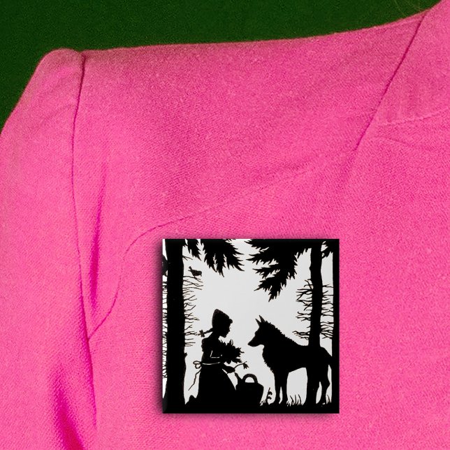 Badge Carré 5 Cm Silhouette Noire Rouge Hood Wolf Woods (Black and white Little Red Riding hood kneeling in woods wolf on pin back button.)