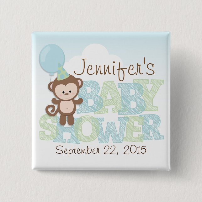 Badge Carré 5 Cm Singe mignon ; Baby shower bleu et vert (Devant)