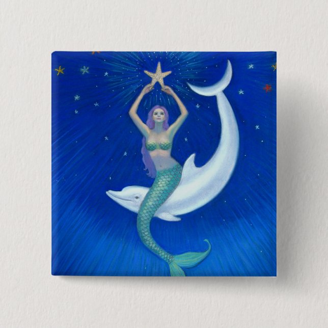 Badge Carré 5 Cm Sirène de lune de dauphin (Devant)