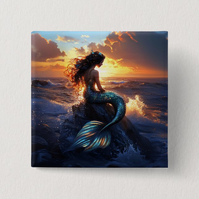 Badge Carré 5 Cm Sirène du coucher de soleil (Devant)