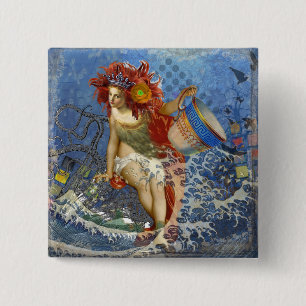 Badge Carré 5 Cm Sirène gothique bleu Aquarius Art