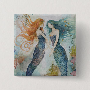 Badge Carré 5 Cm Sirènes en aquarelle