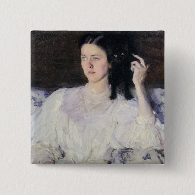 Badge Carré 5 Cm Sita et Sarita, ou jeune fille avec un chat (Devant)