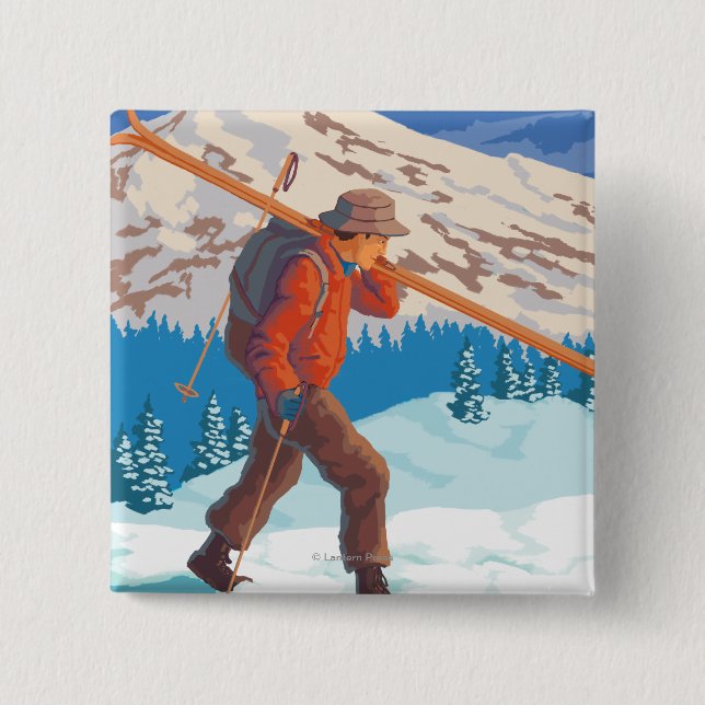 Badge Carré 5 Cm Skier transportant ski de neige - Montana (Devant)