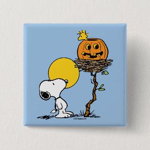 Badge Carré 5 Cm Snoopy & Bois Nid Avec Jack O'Lantern