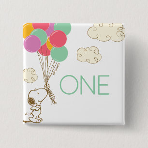 Badge Carré 5 Cm Snoopy et ballons 1er anniversaire