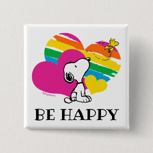 Badge Carré 5 Cm Snoopy et Woodstock   Coeurs arc-en-ciel