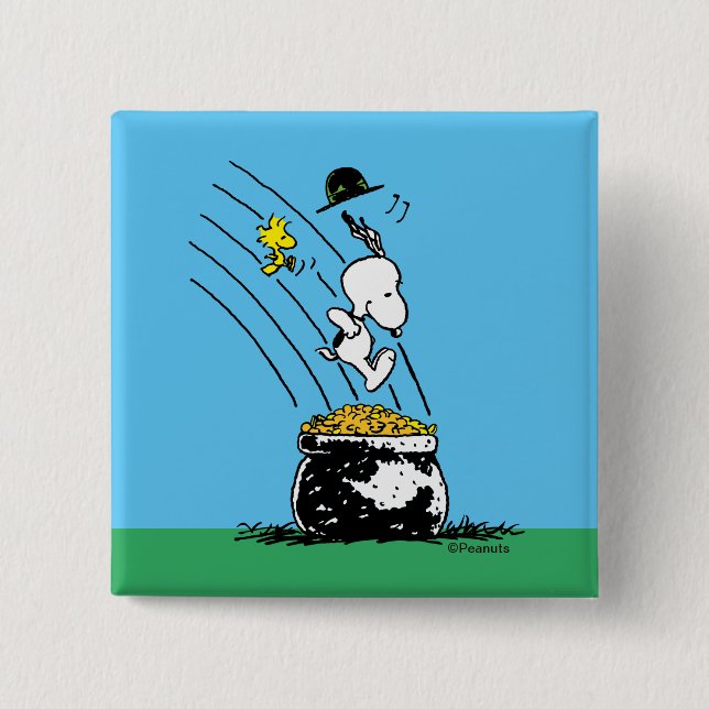 Badge Carré 5 Cm Snoopy Jumping dans le pot d'or (Devant)