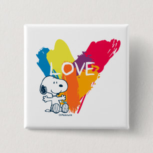 Badge Carré 5 Cm Snoopy Rainbow Love Heart