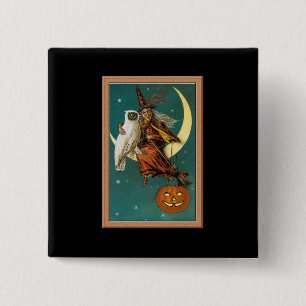 Badge Carré 5 Cm Sorcier et hibou nostalgiques de joyeux Halloween