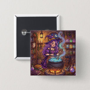 Badge Carré 5 Cm Sorcière de dessin animé faisant une potion d'amou