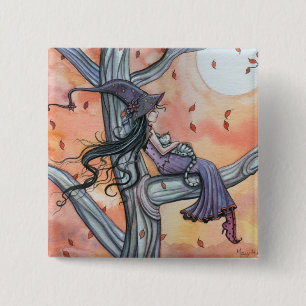 Badge Carré 5 Cm Sorcière de Halloween Chat Bouton Épinglette