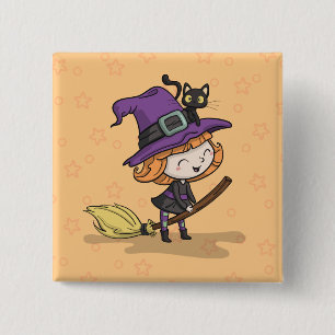 Badge Carré 5 Cm Sorcière de Halloween et bouton mignons du chat