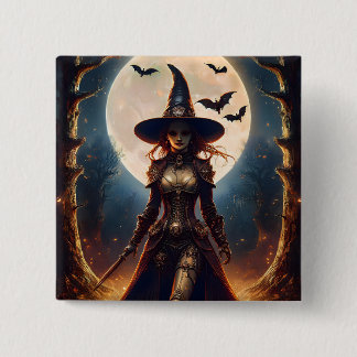 Badge Carré 5 Cm Sorcière de la forêt Steampunk Halloween