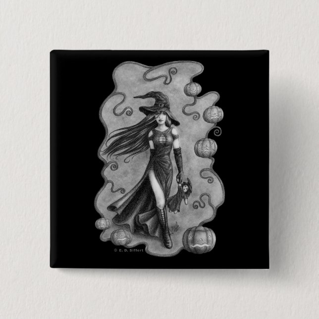 Badge Carré 5 Cm Sorcière et poupée Halloween (Devant)