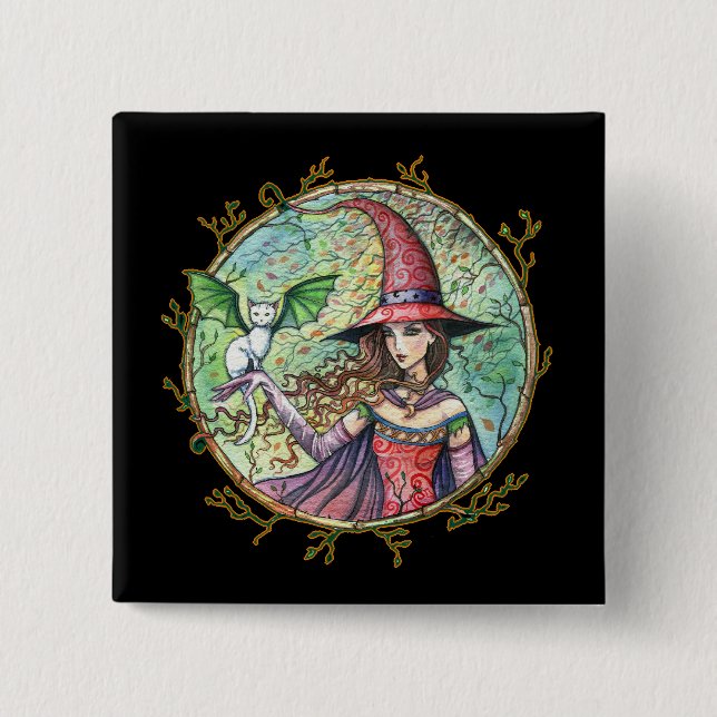 Badge Carré 5 Cm Sorcière Halloween Chat Blanc Épinglette Bouton (Devant)