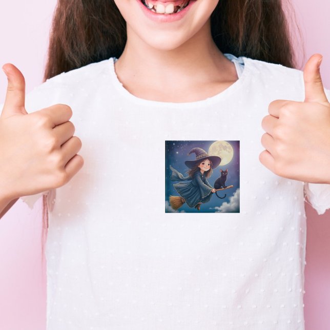 Badge Carré 5 Cm Sorcière mignonne Avec Bouton Chat (Créateur téléchargé)