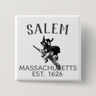 Badge Carré 5 Cm sorcière Salem Massachusetts au balai avec chat
