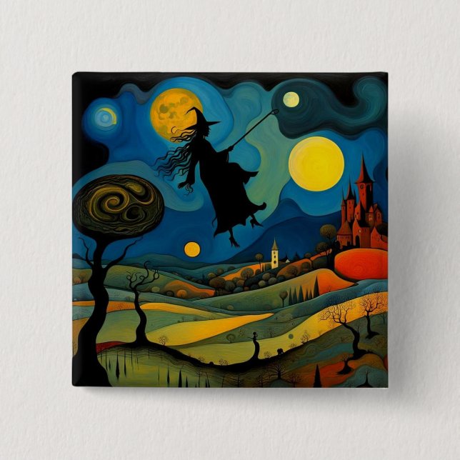 Badge Carré 5 Cm Sorcière sur le paysage (Devant)