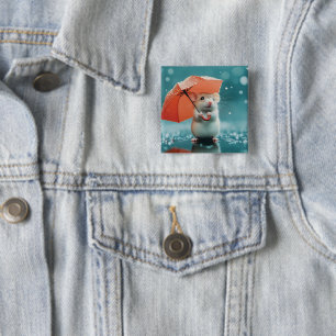 Badge Carré 5 Cm Souris avec parapluie dans la pluie : belle scène