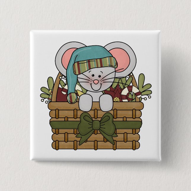 Badge Carré 5 Cm Souris de Noël dans le panier (Devant)