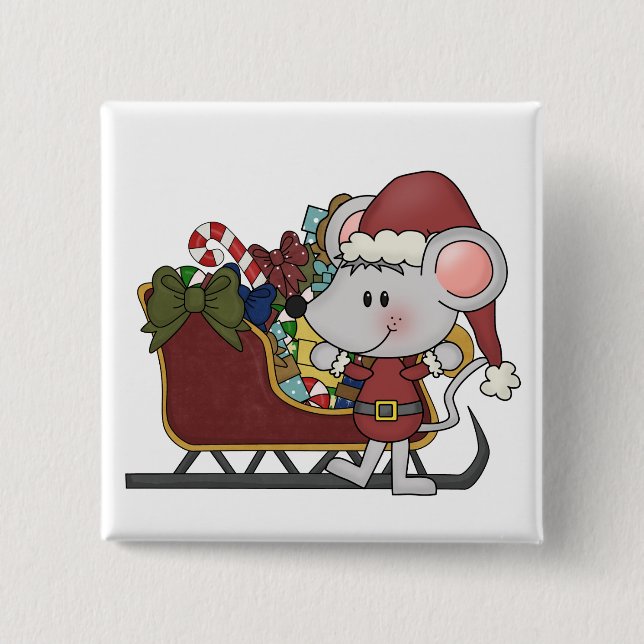 Badge Carré 5 Cm Souris de Père Noël avec le traîneau (Devant)