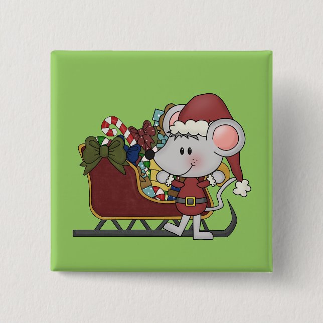Badge Carré 5 Cm Souris de Père Noël avec le traîneau (Devant)