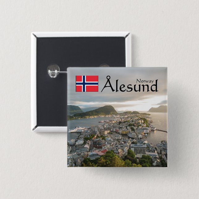 Badge Carré 5 Cm Souvenir d'Alesund (Devant & derrière)