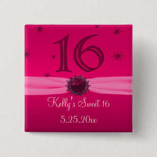 Badge Carré 5 Cm Souvenir rose heureux de l'anniversaire 16