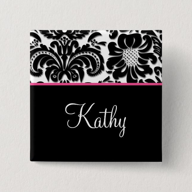 Badge Carré 5 Cm Spa de salon Damask Nom Balise Bouton Broch rose (Devant)