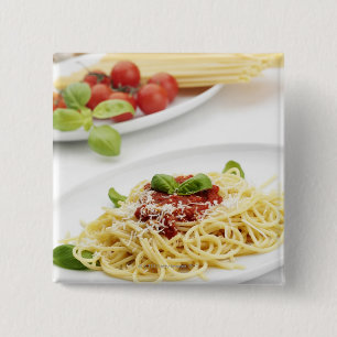 Badge Carré 5 Cm Spaghetti avec la sauce tomate et le basilic