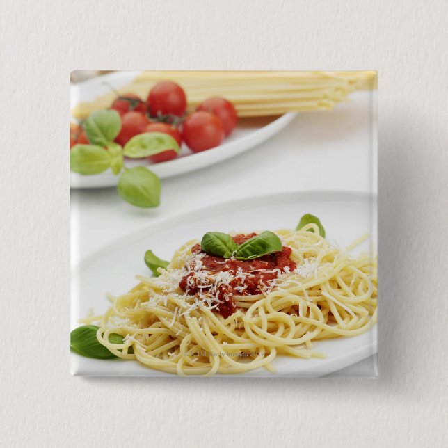 Badge Carré 5 Cm Spaghetti avec sauce tomate et basilic (Devant)