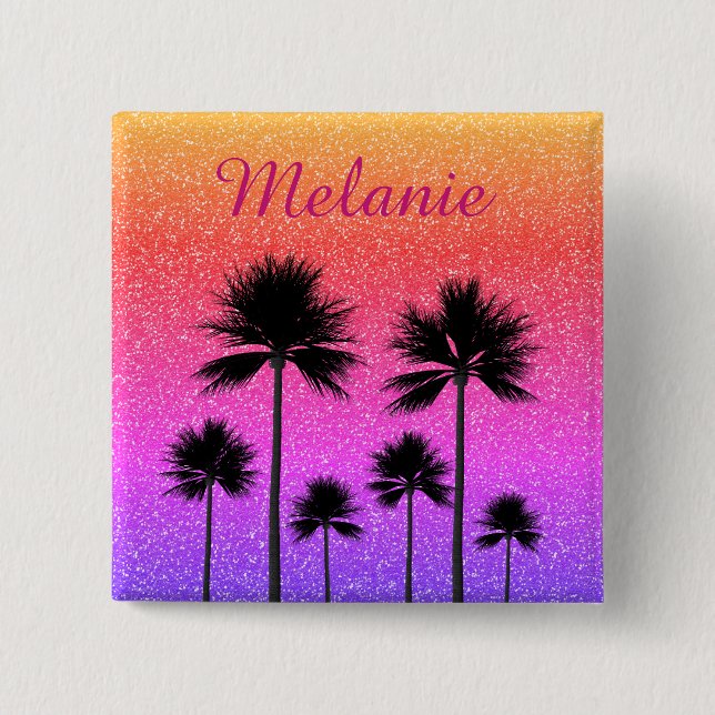 Badge Carré 5 Cm Sparkly Palm Trees Gradient Sunset Personalised (Devant)