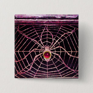 Badge Carré 5 Cm SPIDER AND WEB Pink Fuchsia Ruby Black