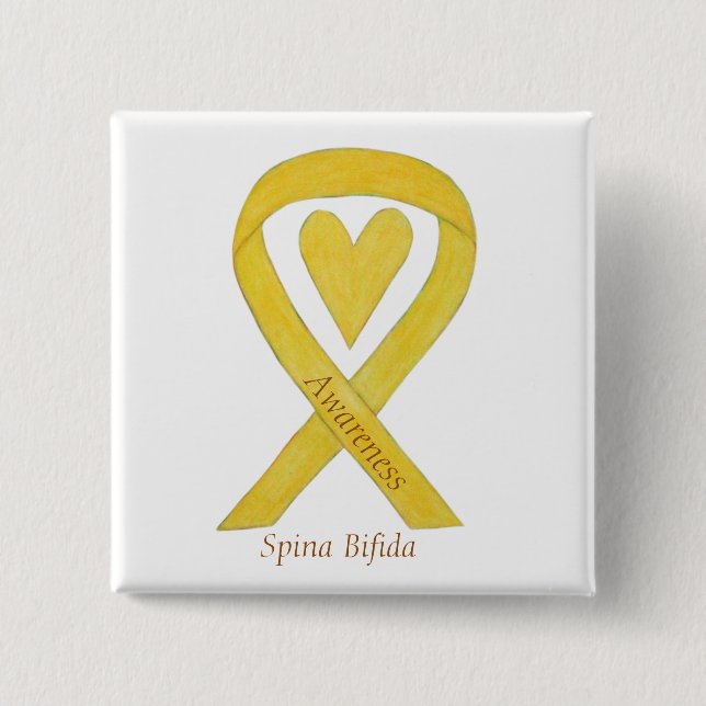 Badge Carré 5 Cm Spina Bifida Jaune Sensibilisation au Coeur Épingl (Devant)