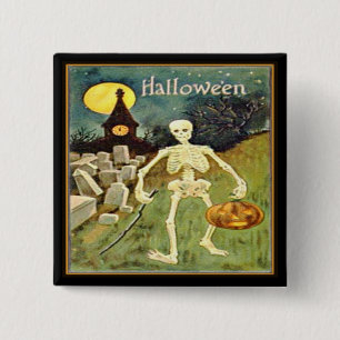 Badge Carré 5 Cm Squelette dans le bouton vintage de Halloween de