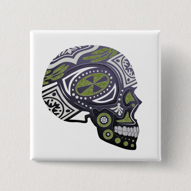 Badge Carré 5 Cm Squelette vert pourpre de crâne de sucre (Devant)