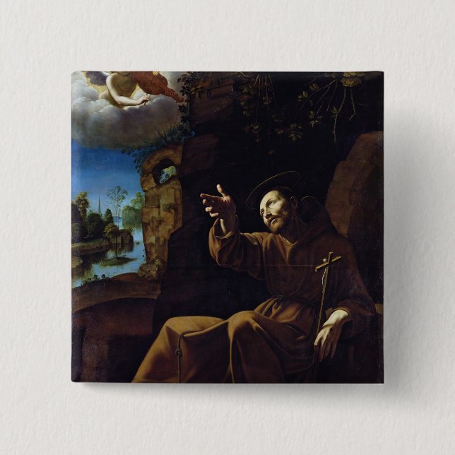 Badge Carré 5 Cm St Francis d'Assisi a consolé par un ange (Devant)