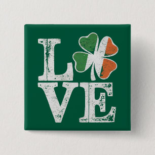 Badge Carré 5 Cm St Patrick Love Chance Irlande Trèfle Vert 
