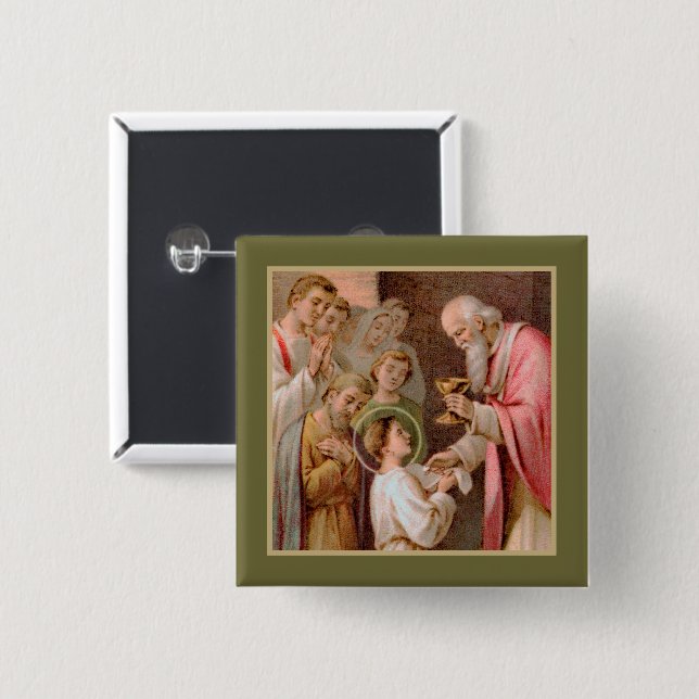 Badge Carré 5 Cm St. Tarcisius recevant l'Eucharistie (BL 02) (Devant & derrière)