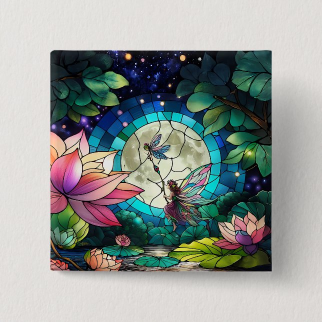 Badge Carré 5 Cm Stained Glass Little Fairy With Dragonfly (Devant)