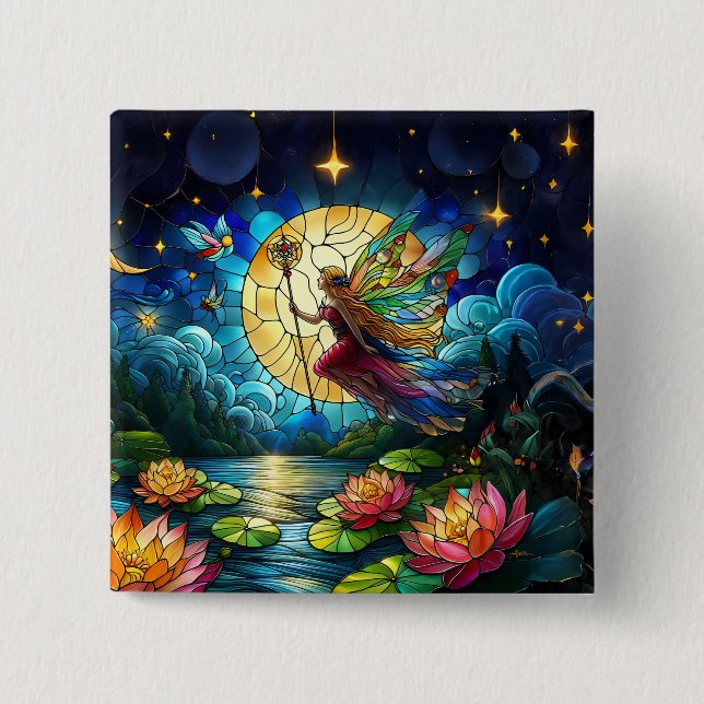 Badge Carré 5 Cm Stained Glass Moonlight Flight Fairy  (Devant)