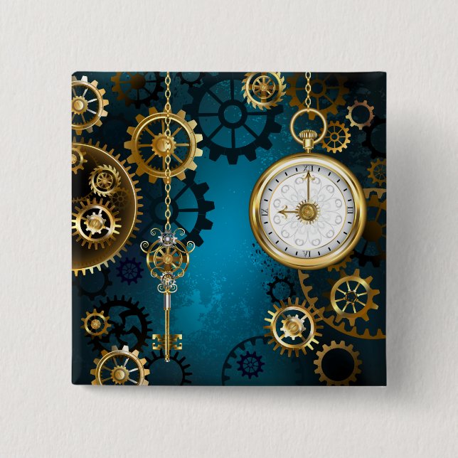 Badge Carré 5 Cm Steampunk Arrière - plan turquoise avec Gears (Devant)