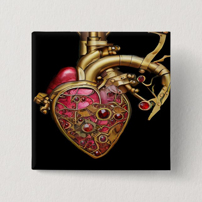 Badge Carré 5 Cm Steampunk Coeur Anatomique rubis et engrenages (Devant)