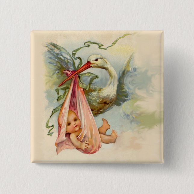 BADGE CARRÉ 5 CM STORK BABY SHOWER FILLE ROSE (Devant)