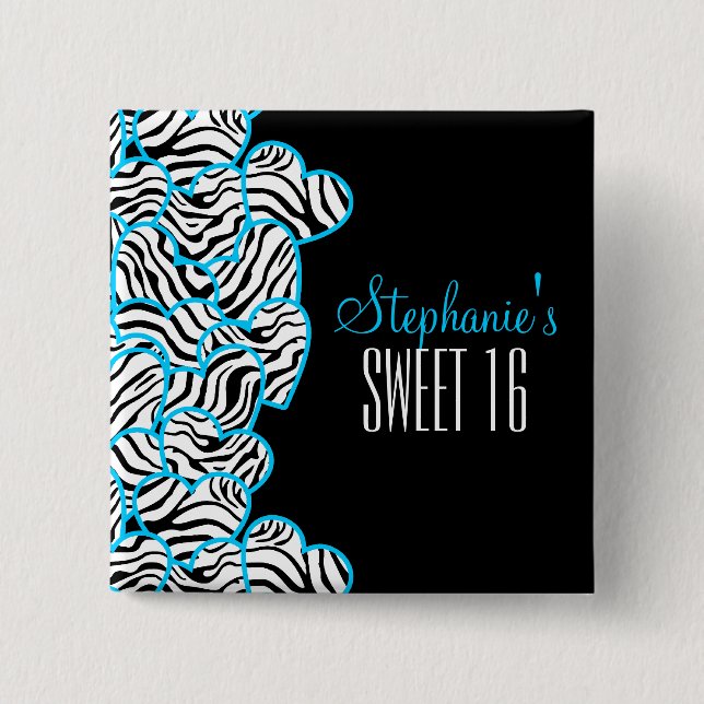 Badge Carré 5 Cm Style Blue Sweet 16 Zebra Heart Design Nom (Devant)