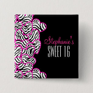 Badge Carré 5 Cm Stylish Pink Sweet 16 Zebra Heart Design Nom